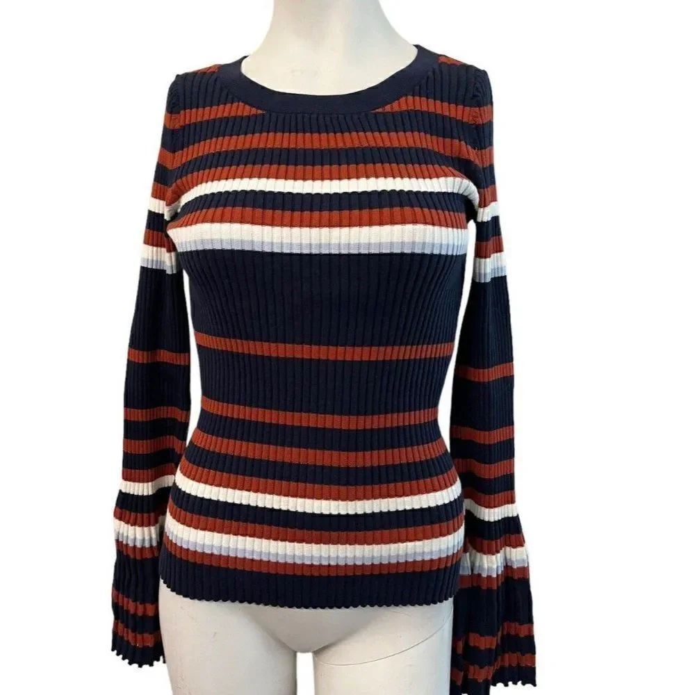 Bar Iii Womens Medium Flared Sleeve Pullover Sweater Blouse Navy Blue Rust NWT